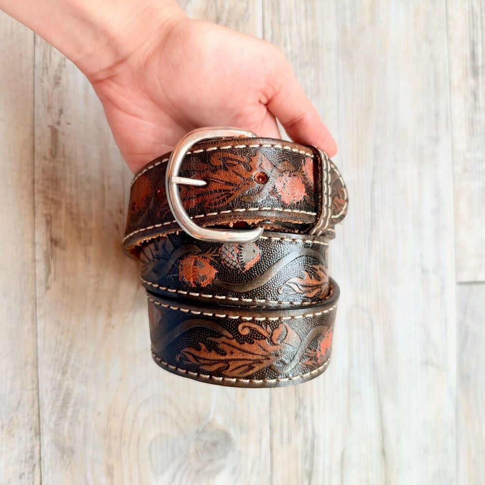 Vintage Made in USA Tooled Leather Belt Size 36 Western Floral Brown Autumn Fall
